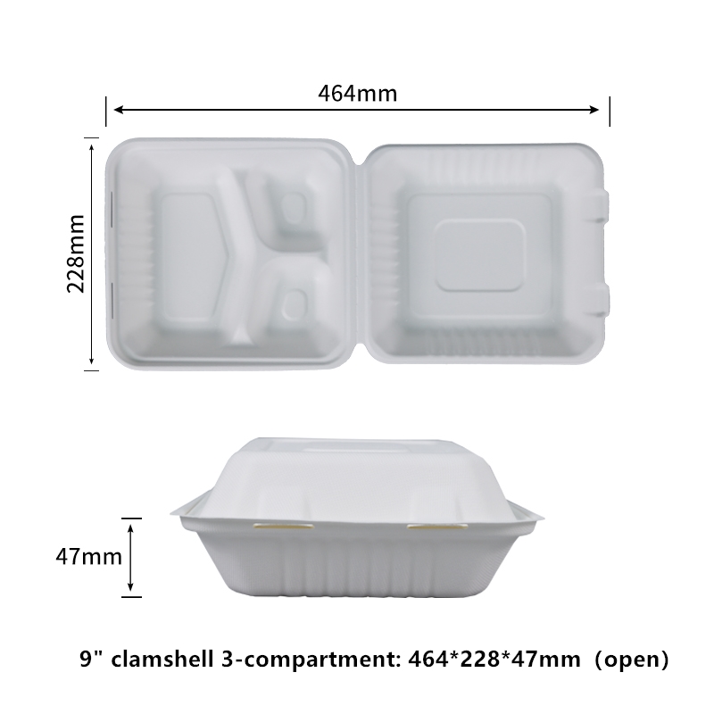 PFAS Free 100% Home Compostable 9 inch Clamshell 3 Compartment Disposable Take Out Food Containers to go Containers Heavy-Duty to go Boxes Eco-Friendly Biodegradable Made of Sugarcane Fibers
